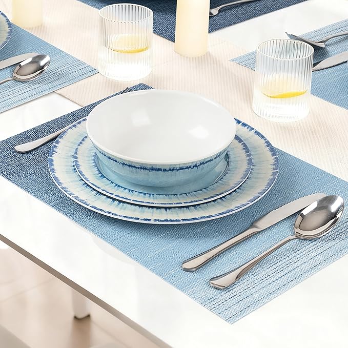 AELS Melamine Dinnerware Set of 12 Pcs Dinner Dishes Set with 4 Placemats for Indoor and Outdoor Use Dishwasher Safe Lightweight Unbreakable BPA Free Light Blue