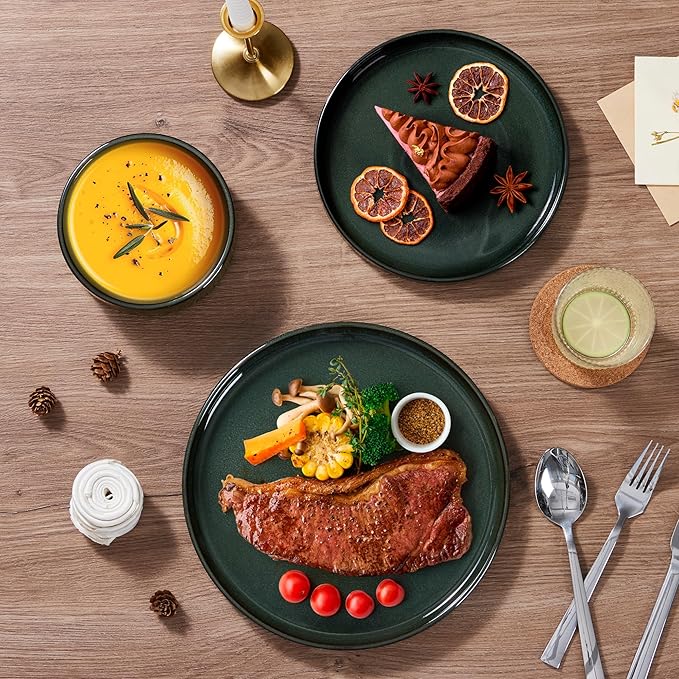 LIANYU Plates and Bowls Sets for 4 12 Piece Stoneware Dinnerware Dishes Set Ceramic Dinner Dishware for Pasta Dessert Cereal Rustic Terracotta Bottom Chip Resistant &amp Dishwasher Safe Hunter G