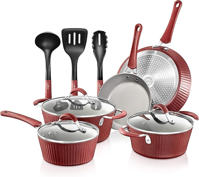 NutriChef Non-stick Kitchenware Pots &amp Pans - 11 Pcs. Stylish Kitchen Cookware Set w/Elegant Lines PatternGray Inside &amp Red Outside Metal + Silicone Handle PTFE/PFOA/PFOS Free - NCCW11RDL