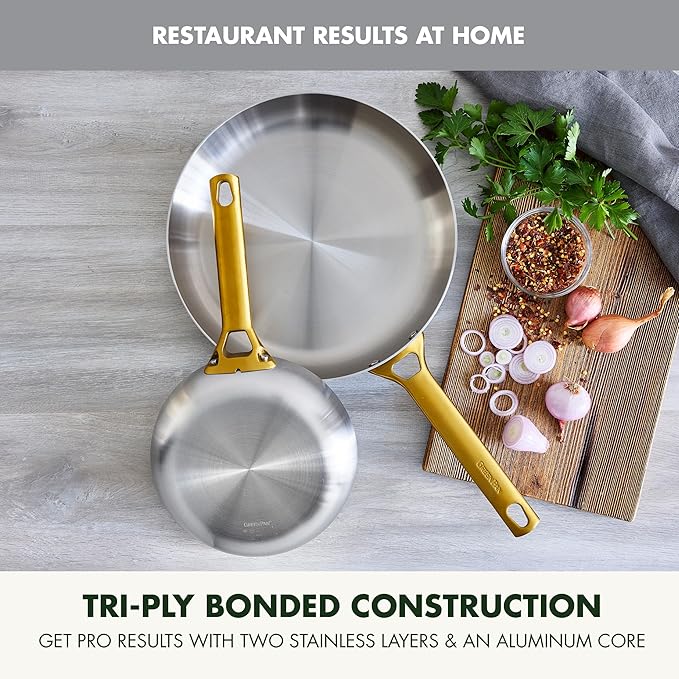 GreenPan Stainless Steel Tri-Ply Reserve 10” and 12” Frying Pan Skillet Set Multiclad Cookware Induction Oven &amp Broiler Safe to 600°F Heat Responsive Core Dishwasher Safe Gold Handles