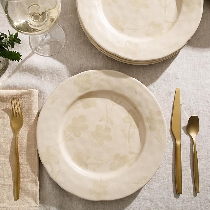 Bloomhouse - 2 Time Oprah's Favorite Things - Made in Portugal Hand Painted 10.8 Inch Dinner Plates Set of 4 - Porto Petals Floral Dish Set - Lilly Cream