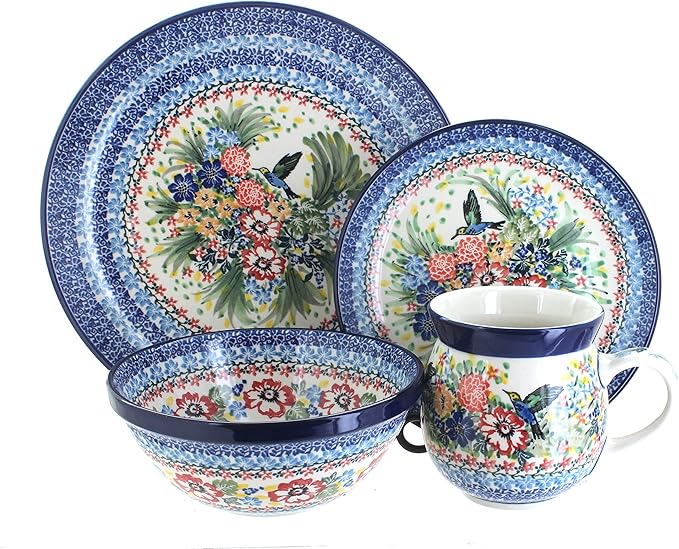 Blue Rose Polish Pottery - Red Hummingbird 4 PC Place Setting - Service for 1-1 Place Setting - Great for Everyday Dining Casual Dining or as Formal Dinnerware