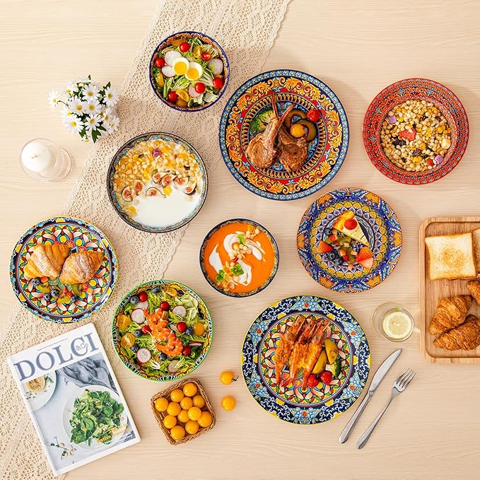 vancasso 24 Pieces Plates and Bowls Set Bohemian Style Dinnerware Sets Service for 6 Porcelain Boho Dishes Set for Kitchen Housewaring Gift Dishwasher and Microwave Safe Series KRVI
