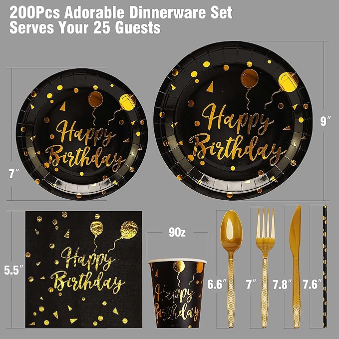 200 pieces of black and gold birthday party supplies disposable happy birthday tableware set gold plastic knives forks spoons straws. Birthday themed tray cup25Guests (black)