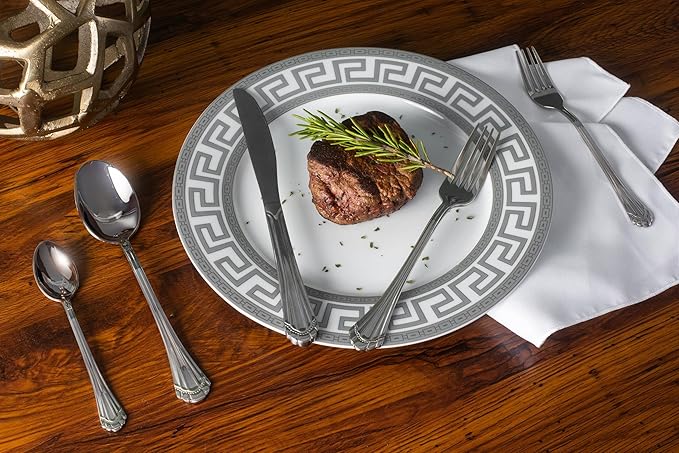 Luxurious 20 Piece Dinnerware Set - Service for 4 - Vintage Silver Greek Key Edge Design - Elegant Ceramic Plates and Bowls - Classic Dish - Kitchen Plates Set for 4 (Meander Silver 2020)