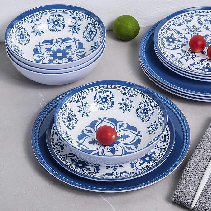 Melamine Dinnerware Set -12pcs Outdoor and Indoor Plates and Bowls Set Service for 4 Dishwasher Safe Blue Flower