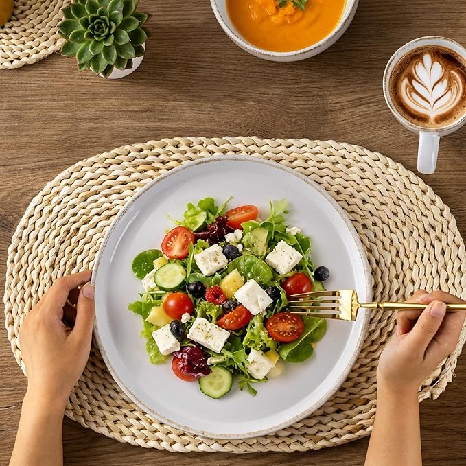 AmorArc Ceramic Dinnerware Sets for 4 12 Pieces Handpainted Plates and Bowls Set with Rustic Terracotta Underside Scratch Resistant Stoneware Dishes Set Dishwasher &amp Microwave Safe White