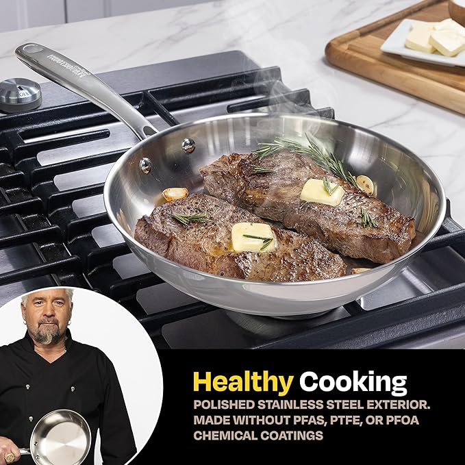 Guy Fieri's Flavortown 10.3 Stainless Steel Frying Pan - Tri-Ply Base with Stainless Stay Cool Handles Oven Safe up to 500°F Induction Cooktop Compatible Versatile Cookware for Every Kitchen