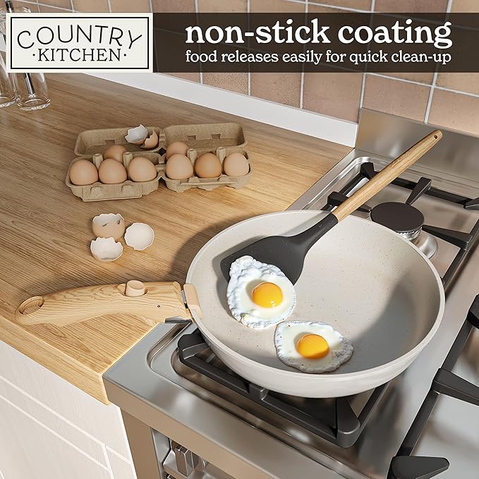 Country Kitchen Cookware Set with Removable Handle Oven &amp RV Safe Pots and Pans Set Cream Gold Speckle Wood Handle Original