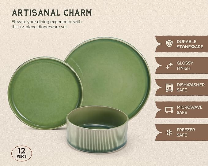 Ceramic Dinnerware Set by Vase and Vessel 12-Piece Service for 4 9.8” Dinner Plates 8” Salad Plates 20 oz Bowls Ombre Reactive Glaze Durable Stoneware Microwave &amp Dishwasher (Moss Green)