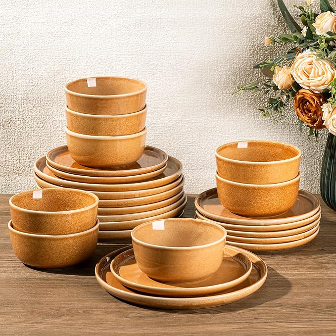 GBHOME Ceramic Dinnerware Sets for 8 24 Pieces Stoneware Plates and Bowls Sets Scratch Resistant Dishes Dishwasher &amp Microwave Safe Reactive Glaze-Amber