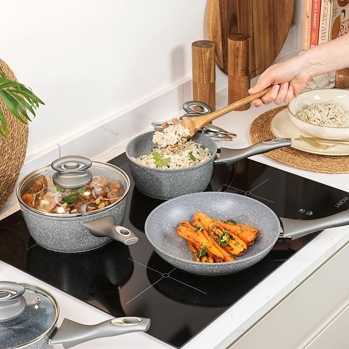 Salter Marblestone 4 Piece Cooking Set – 16cm 18cm 20cm Saucepans with Lids 24cm Frying Pan Non-Stick Corrosion Resistant Forged Aluminium PFOA-Free Suitable for All Hobs Dishwasher Safe