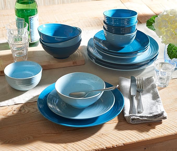 Sango Siterra Artist's Blend 16-Piece Stoneware Dinnerware Set – Service for 4 Ocean Blue Glossy Glaze with Unique Speckled Design for Everyday Dining &amp Entertainment Microwave &amp Dishwasher