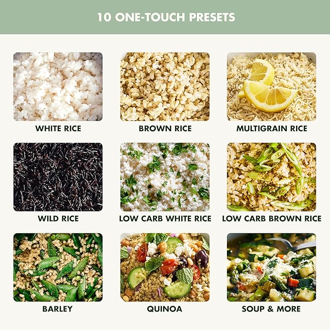 GreenPan Rice Cooker 8 Cups Cooked (4 Uncooked) Low-Carb &amp Soup Mode10 ONE-TOUCH Cooking Presets PFAS-Free Ceramic Steamer Basket Fuzzy Logic Auto Keep Warm Oats 24HR Delay Timer Mint Gre