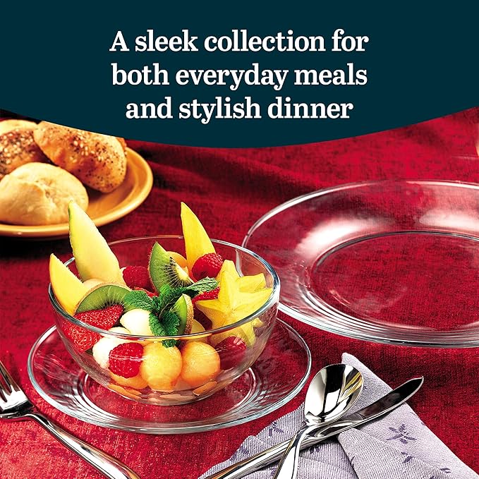 Libbey Round 12 Piece Glass Dinnerware Set Stackable Glass Plate and Bowl Set w/Round Shape Modern Plates and Bowls Sets for Gatherings and Everyday Use