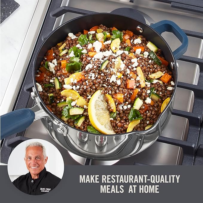 Zakarian x Dash TruPro® Nonstick Stainless Steel Stacking Sauce Pan Set - Compact Cookware Set for Everyday Cooking - Non-Stick Space-Saving and Oven-Safe - Blue 6-Piece Set