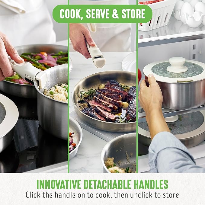 GreenLife 10 Piece Stainless Steel Pots and Pans Detachable &amp Stackable Kitchen Set Tri Ply Clad PFAS Free Cookware Space Saving with Removable Handle Induction &amp Oven Safe RV Cookware G