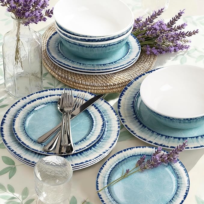 AELS Melamine Dinnerware Set of 12 Pcs Dinner Dishes Set for Indoor and Outdoor Use Dishwasher Safe Lightweight Unbreakable BPA Free Light Blue
