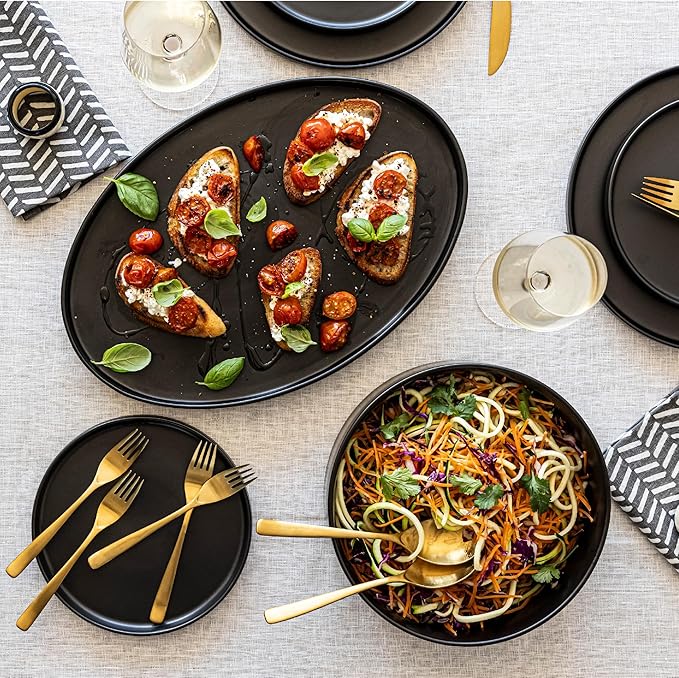 over&ampback Stackable Stoneware Serving Platter - Elegant 1-Piece Oval Serving Platter to Complete Your Kitchen Set - Perfect for Appetizers Desserts and More - 16 L x 11 W - Semi-Matte Black