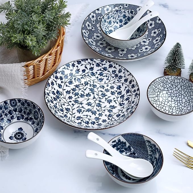 Ceramic Dinnerware Set 10-Piece Hand-painted cherry blossom Plates and Bowls Microwave &amp Dishwasher Safe Gift Ready Packaging