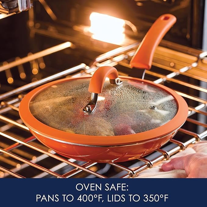 Rachael Ray Cook + Create Nonstick Pots and Pans Set with Universal Space-Saving Lids Baking Pan/Cookie Sheet and Kitchen Cooking Tools Cookware Set 11 Piece - Orange