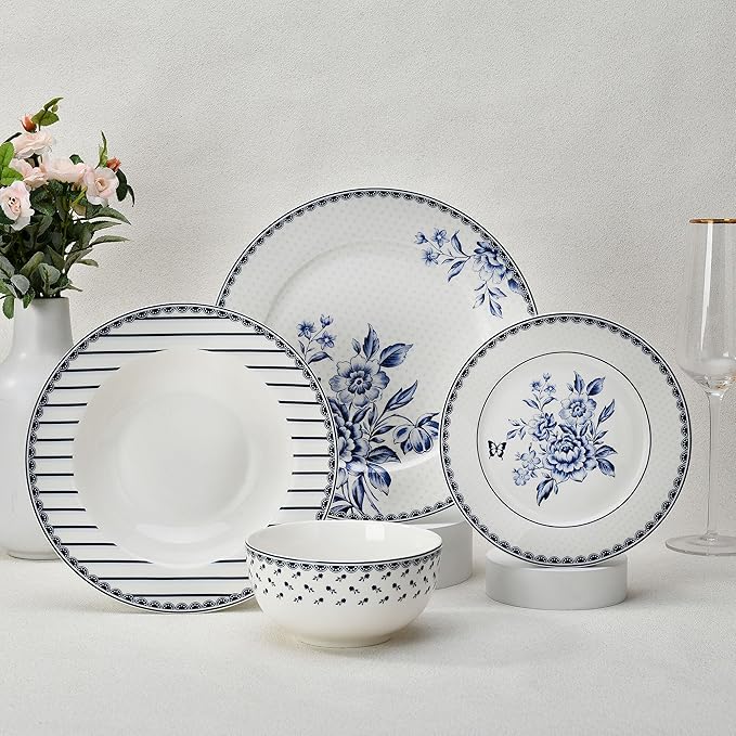 24-Piece Bone China Dinnerware Set in Gift Box Service for 6 Porcelain Dinnerware Tropical Dishes Set - Dinner Plates Dessert Plates Cereal Bowls Mugs (Vintage Indigo)