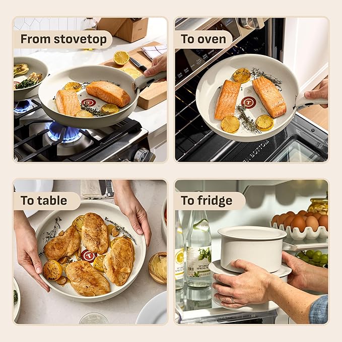 T-fal Ingenio Essentials Cookware Set with Detachable/Removable Handle 11 Piece Granite Titanium Non Stick Oven Broiler Safe 500F Stackable Pots and Pans Set Frying Pans Dishwasher Safe Beige