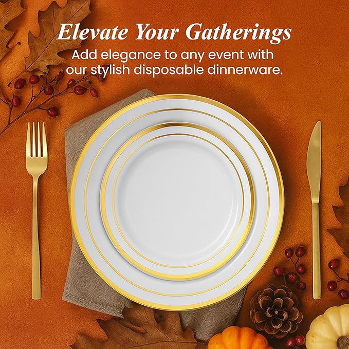 Aya's 60 Pack Heavy Duty Plastic Plates with Gold Rim - 30 Each of 10 Dinner and 7.5 Appetizer White Disposable Plates - Elegant Fancy Plastic Plates for Party Weddings and Special Events