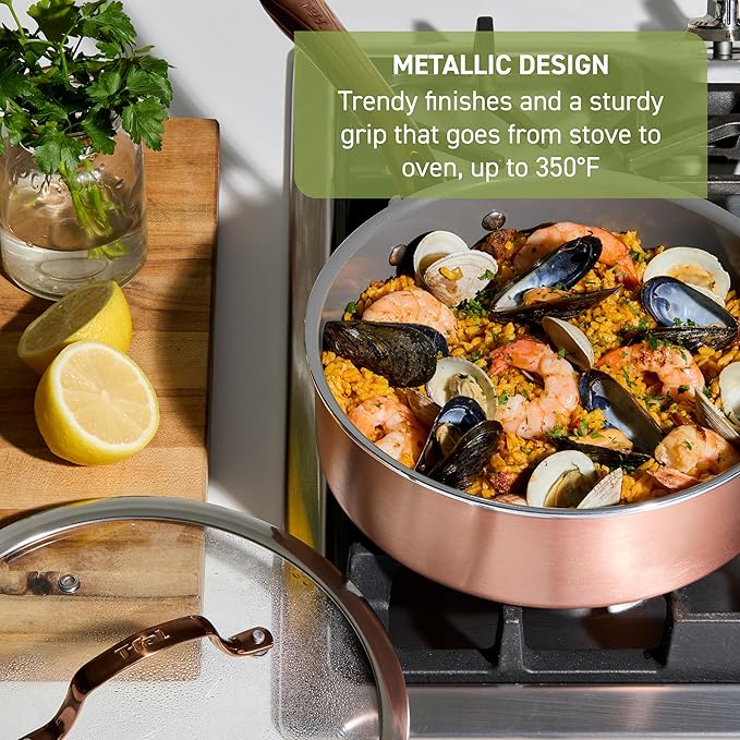 T-fal Preserve Ceramic Non stick Cookware Set 13-Piece Oven &amp Broiler Safe up to 350°F Includes Stockpot Saucepans Frying Pans Protectors Pots and Pans Rose Gold
