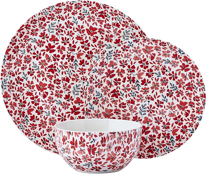 Pfaltzgraff Radiant Blossom 12 Piece Floral Stoneware Dinnerware Plate Bowl Dish Set Service for 4 Red