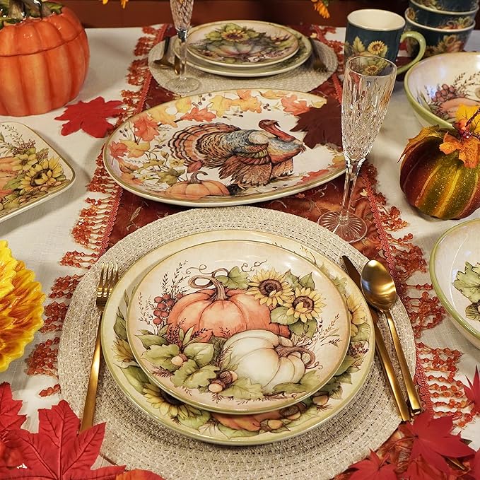 Autumn Breeze 16-Piece Ceramic Dinnerware Set Service for 4 – Celebrate fall gatherings with sunflowers pumpkins and rich harvest hues perfect for cozy dinners and festive autumn tablescapes
