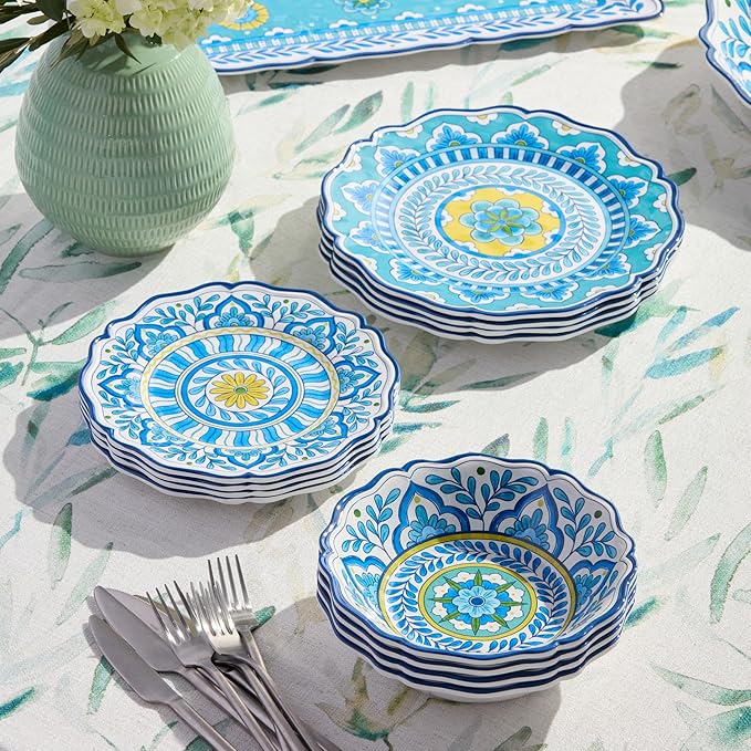 Porto 12 Pc. MELAMINE DINNERWARE SET SERVICE for 4 – artistically designed Talavera Tile Art Turquoise Blue Yellow Mandala