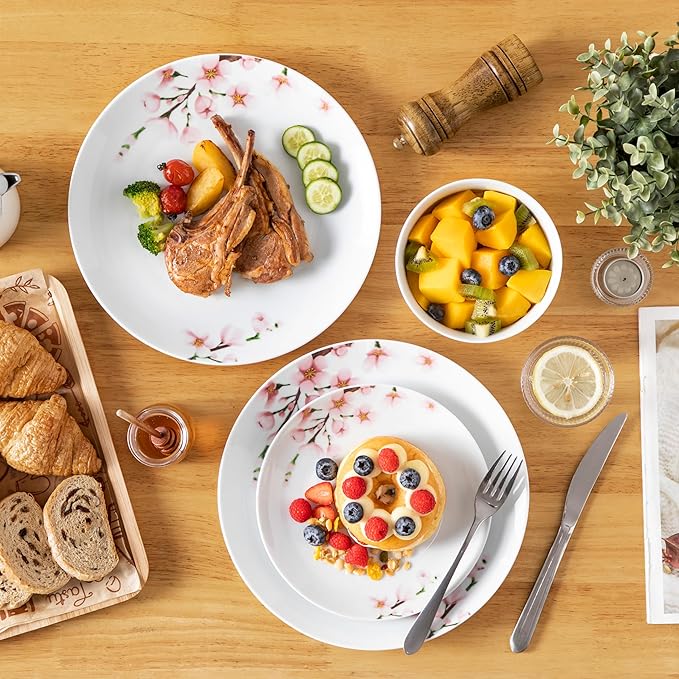 VEWEET Porcelain Dinnerware Sets for 4 12 Pieces Plates and Bowls Set with Pink Floral Kitchen Dishes Set Dining Ware for Family Microwave and Dishwasher Safe Series ANNIE