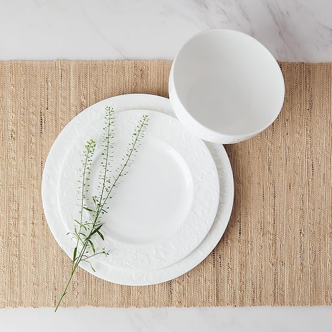 Mikasa Claire Floral Bone China Lightweight Chip Resistant 12 Piece Dinnerware Set Service for 4 White
