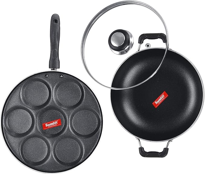 Sumeet NonStick Sudrabs Cookware Set (Kadhai with Glass Lid -2Ltr - 22Cm Dia + Multi Snack Maker - 7 Cavity - 26.5Cm Dia)