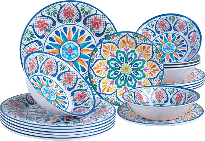 18 Pieces Melamine Dinnerware Sets Service for 6 Paisley Kitchen Plates and Bowls Set Unbreakable &amp Lightweight Dinnerware Set Camping Dishs Indoor Outdoor Use Spanish Floral Pattern