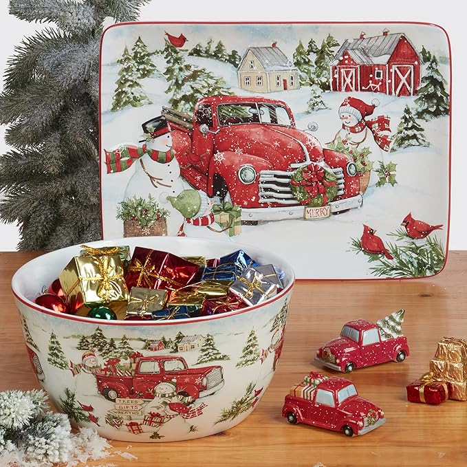 Red Truck Snowman 16pc Ceramic Dinnerware Set Service for 4 – Bring holiday cheer to every meal with festive red trucks snowmen and trees perfect for holiday gatherings and winter entertaining