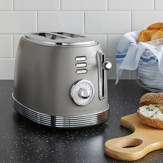 West Bend Toaster 2 Slice Retro-Styled Stainless Steel with 4 Functions and 6 Shade Settings 850-Watts Gray