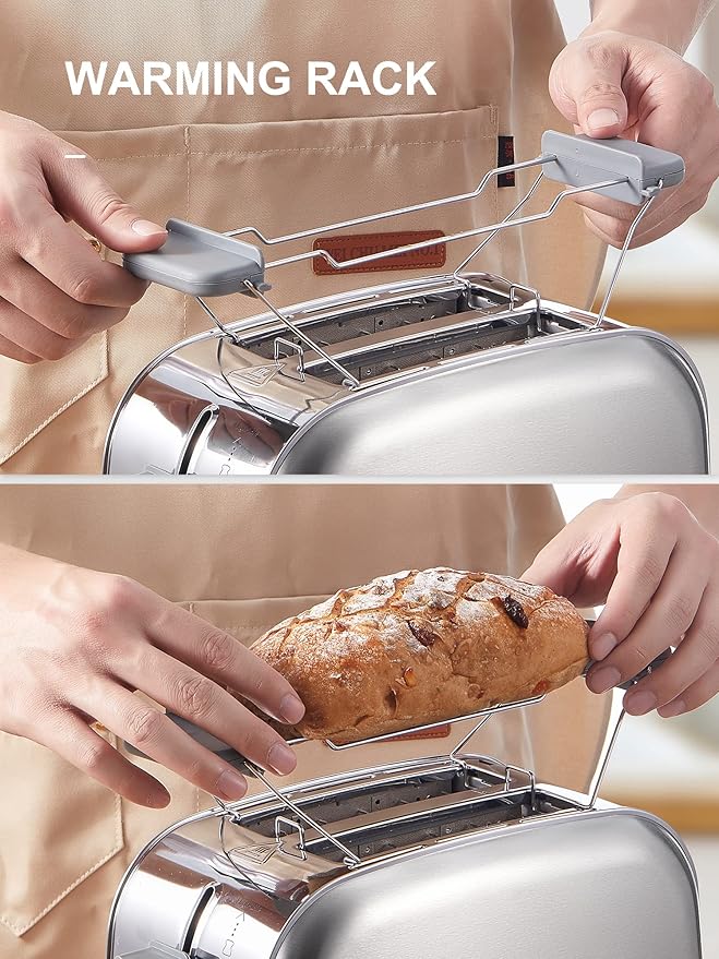 Yabano Retro Bagel Toaster - 2 Slice 2 Extra Wide Slots 7 Shade Settings Defrost/Bagel/Cancel Removable Crumb Tray Stainless Steel Silver