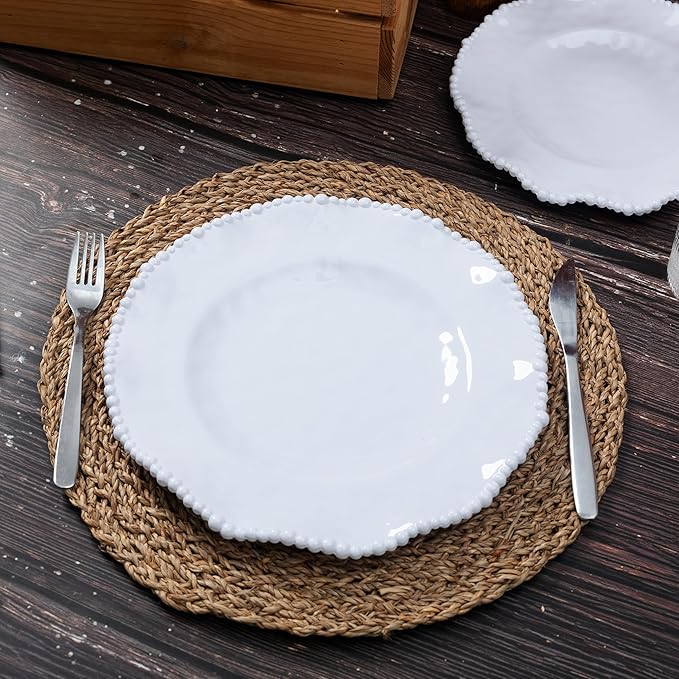 12-Piece White Beaded Melamine Dinnerware Sets – Chip-Resistant Plates &amp Bowls Farmhouse Dining Set includes 4 dinner 4 Salad and 4 Bowl – Ideal for RV Cabin Daily Use