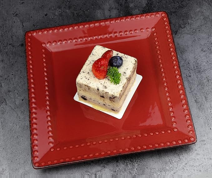 Stylish and Elegant 16 Piece Square Beaded Stoneware Dinnerware set Service for Hosting Parties and Events - Red 16 Piece Square Beaded