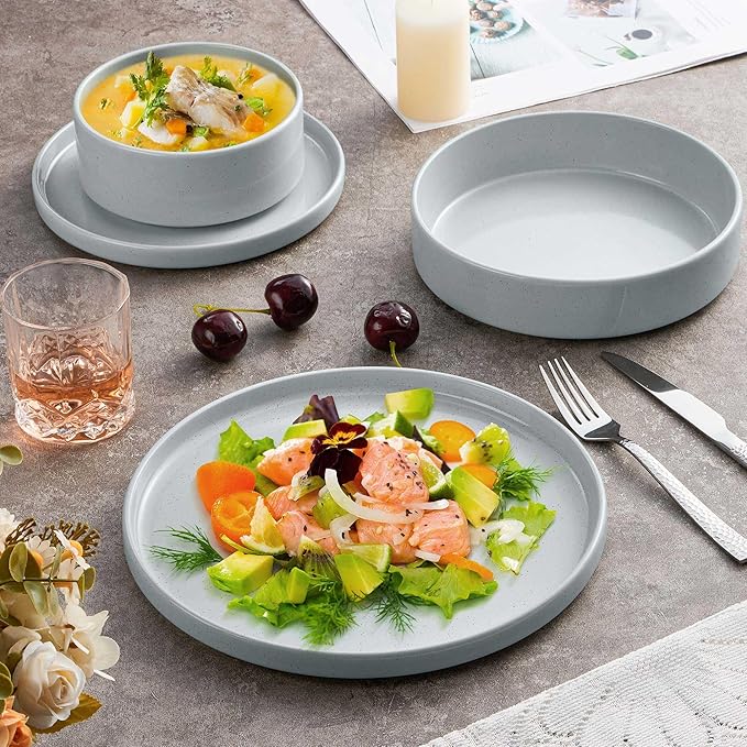 Herogo Stoneware Dinnerware Set with Salad Bowls 24 Piece Kitchen Dinner Dish Set for 6 Plates and Cereal Pasta Bowls Chip &amp Scratch Resistant Dishware Speckled Light Gray