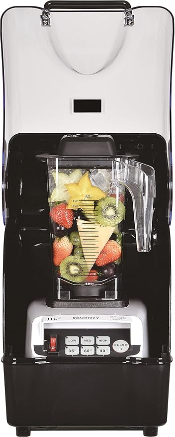 OmniBlend Omni-Q Commercial Blender with Full Sound Enclosure Shield Quiet Heavy Duty 3-Speed Self-Cleaning Includes Multifunctional 2-in-1 Wet Dry Blades 1.5 Liter Jar (White)