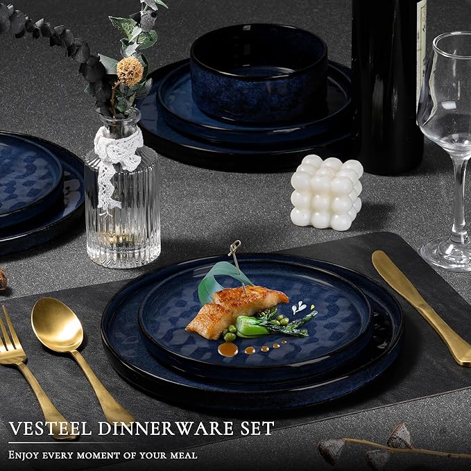 Vesteel Dinnerware Sets 12-Piece Stoneware Plates and Bowls Set Dishes Set for 4 Elegant Ceramic Dinnerware for Home Restaurant - Ocean Blue