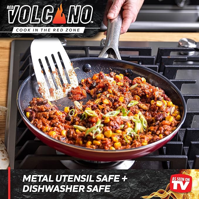 Textured Ceramic Nonstick 10 Frying Pan Skillet with Stainless Steel Handles PFAS PFOA &amp PTFE Free Dishwasher Safe Oven &amp Broiler Safe to 600 Degrees Red