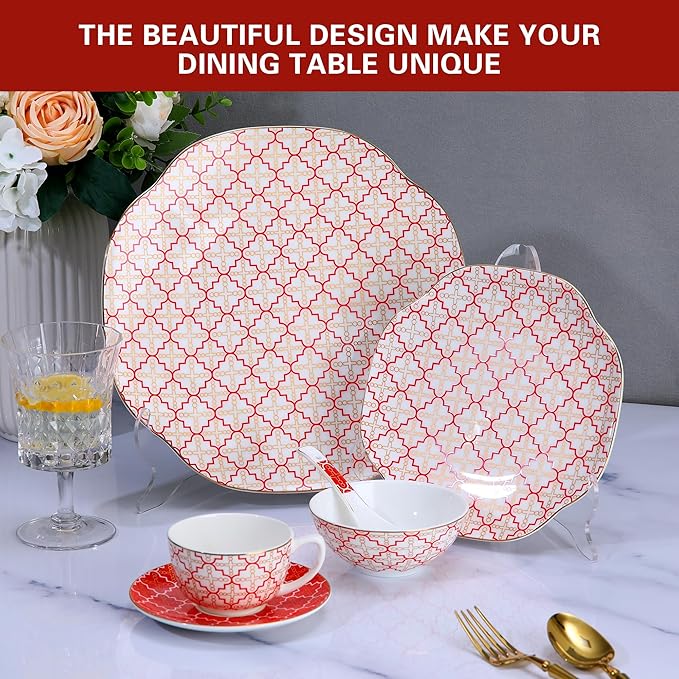 24 Piece Red Poreclain Dinnerware SetBone china Set for 4Ceramic Plates and Bowls Sets With checkered cross patternHighly Chip and Crack Resistant | Oven &amp Dishwasher (Red + Checkered Cross)