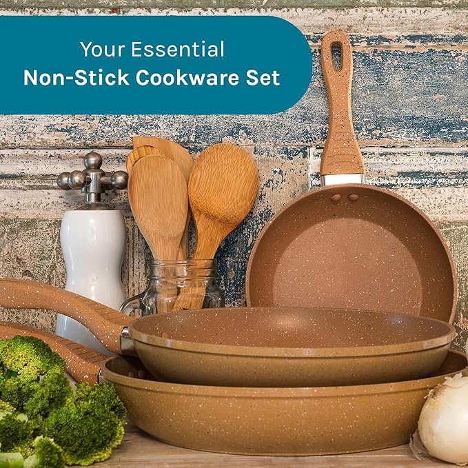 Picca Gravina 3-Piece Large Frying Pan Set - Easy Clean Marble Non Stick Cooking Pan Set with Mineral Based Coating - No PFAS/PFOS/PFOA - Light Brown - 8in 10.4in 12in