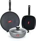 SUMEET NonStick Cawl Cookware Set (Dosa Tawa - 26.5Cm Dia Kadhai with Glass Lid -2Ltr - 22Cm Grill Pan)