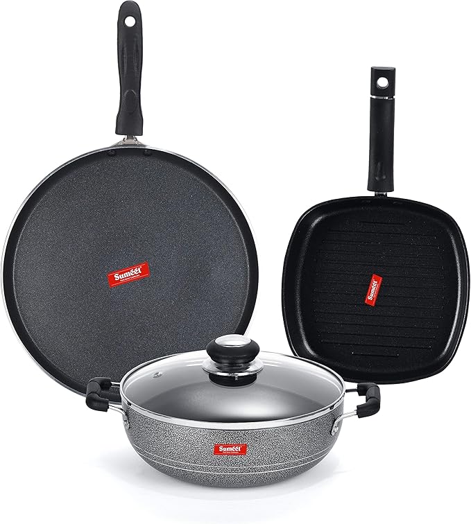 SUMEET NonStick Cawl Cookware Set (Dosa Tawa - 26.5Cm Dia Kadhai with Glass Lid -2Ltr - 22Cm Grill Pan)