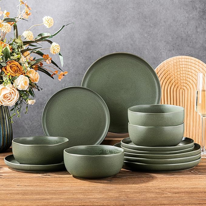 AmorArc Ceramic Dinnerware Sets Wavy Rim Stoneware Plates and Bowls SetsDishwasher &amp Microwave &amp Oven Safe Dishes set Service for 8 (24pc)
